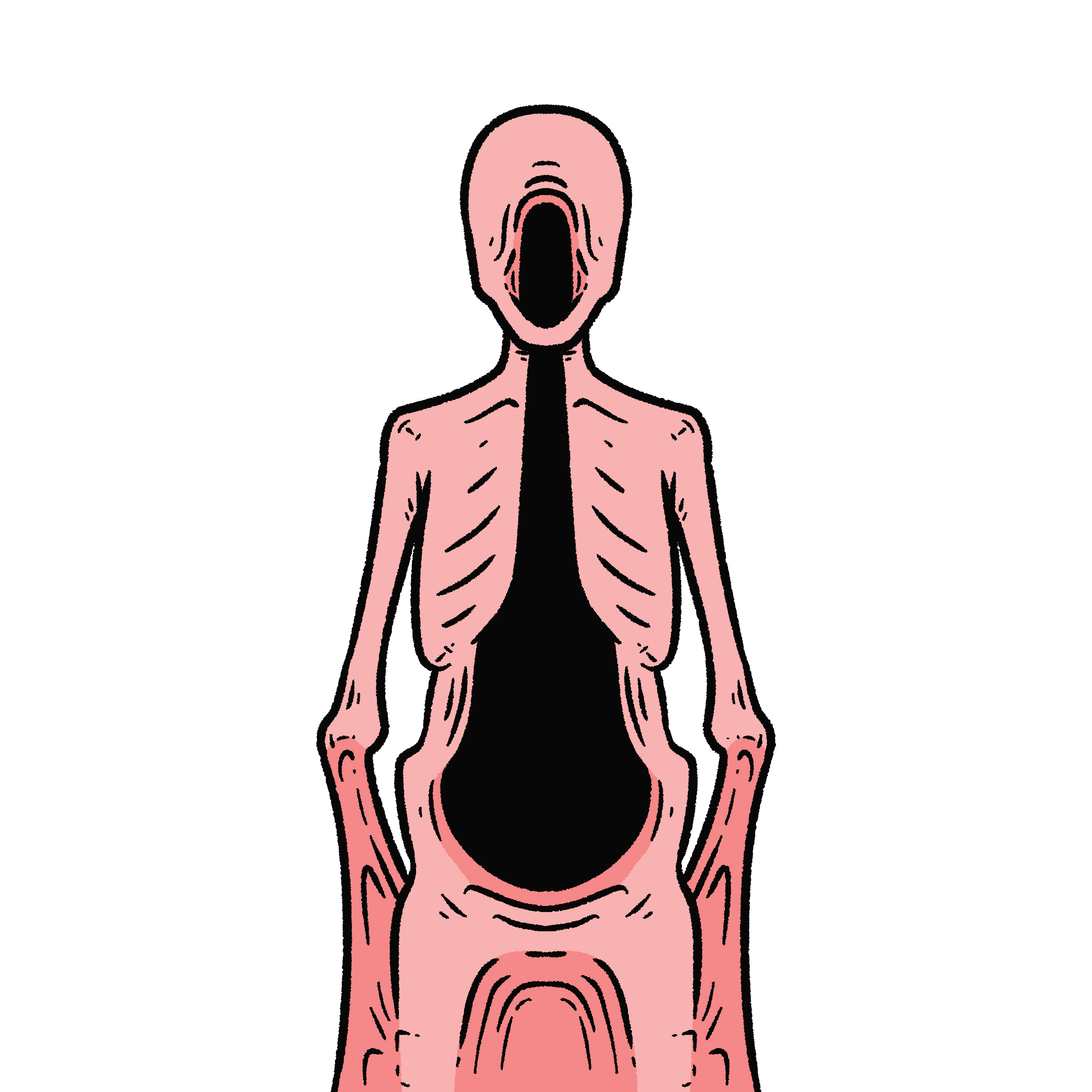 A pink-skinned, emaciated figure stands still. A large hole cuts through its center, revealing its hollow insides. This hole starts in its face, and runs down to its abdomen. Its arms terminate at the elbow, from which stretched skin attaches to its thighs, between which stretches more skin.